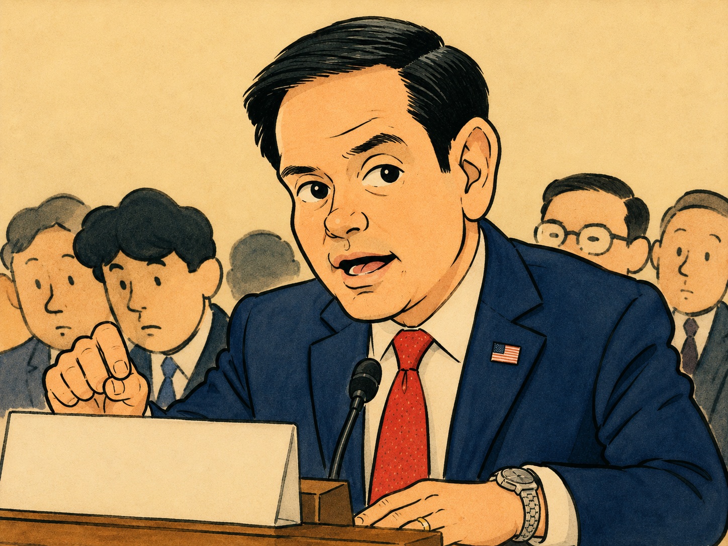 Cartoon of a man in a blue suit testifying at a hearing, speaking into a microphone with an American flag pin on his lapel, audience watching behind him