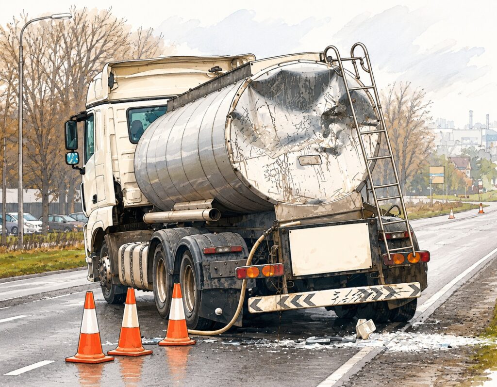 Rear view of a white tanker truck with a dented tank and ladder on the back, on a wet road with orange safety cones nearby.