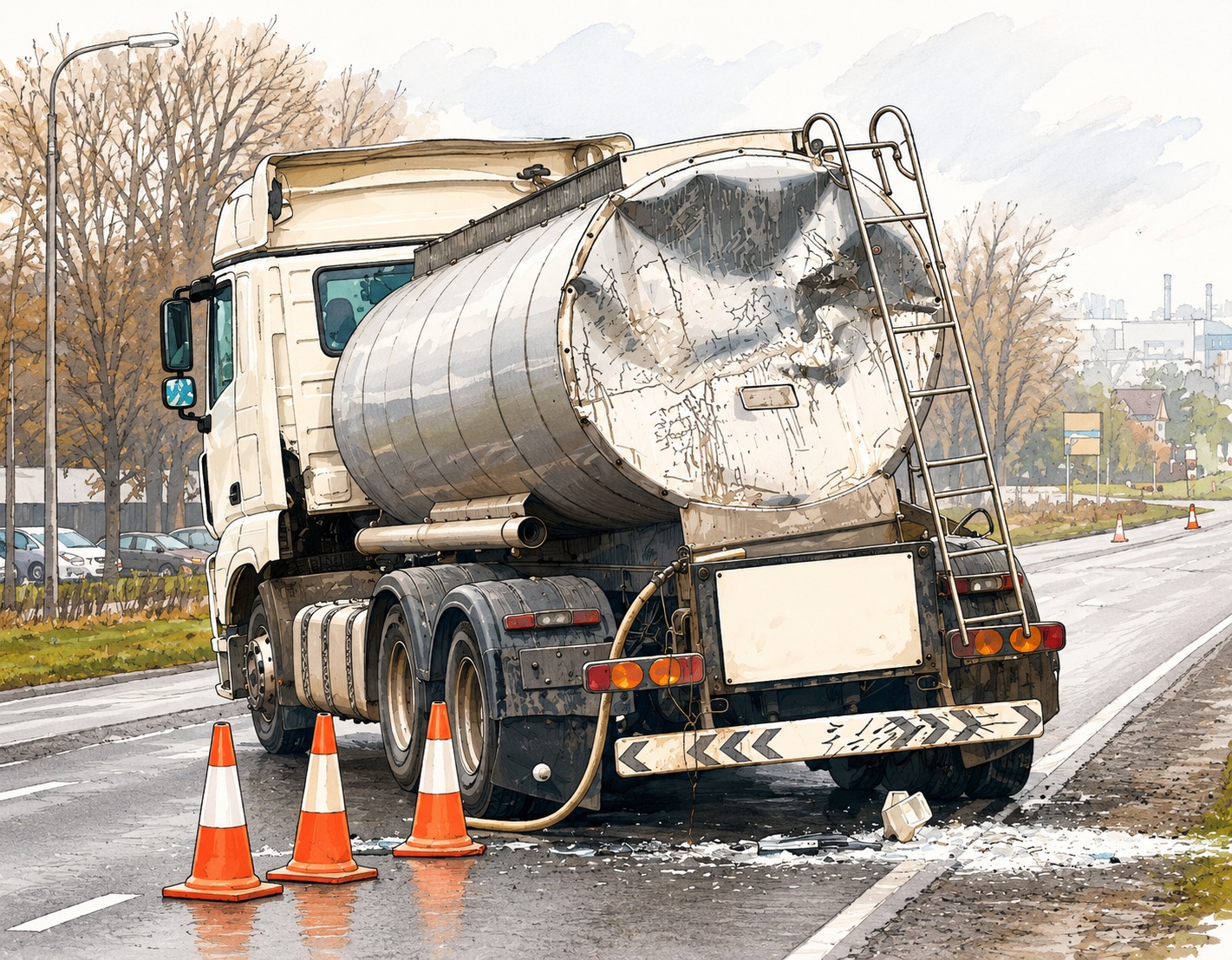 Rear view of a white tanker truck with a dented tank and ladder on the back, on a wet road with orange safety cones nearby.