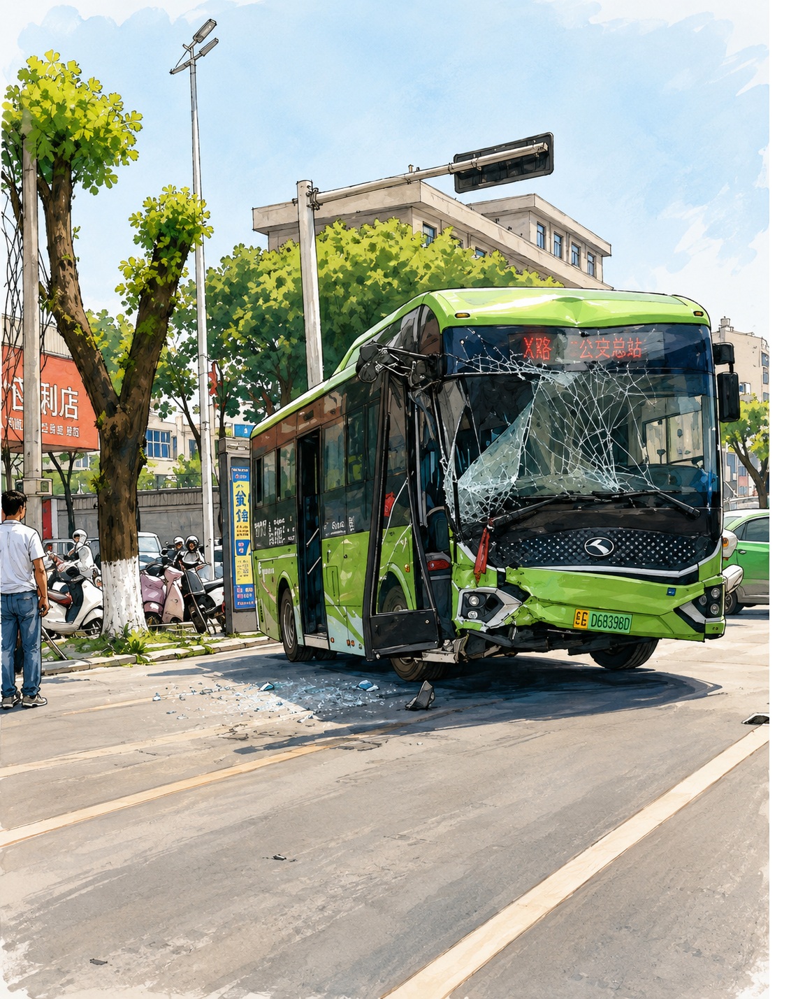 Green city bus with a shattered windshield and front-end damage halts on a busy street as bystanders and scooters watch.