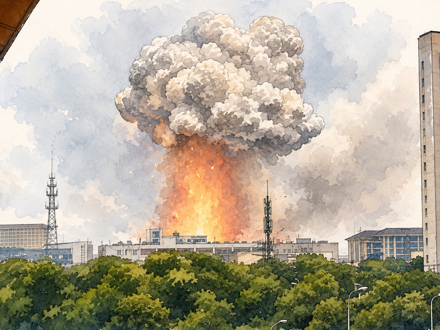 Large orange flame and a towering gray smoke plume rising above a cityscape, with green trees in the foreground and buildings nearby.