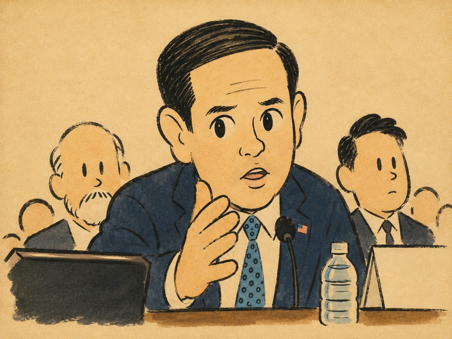 Man in a suit testifies at a hearing, speaking into a microphone with a water bottle nearby and colleagues in the background above laptops.