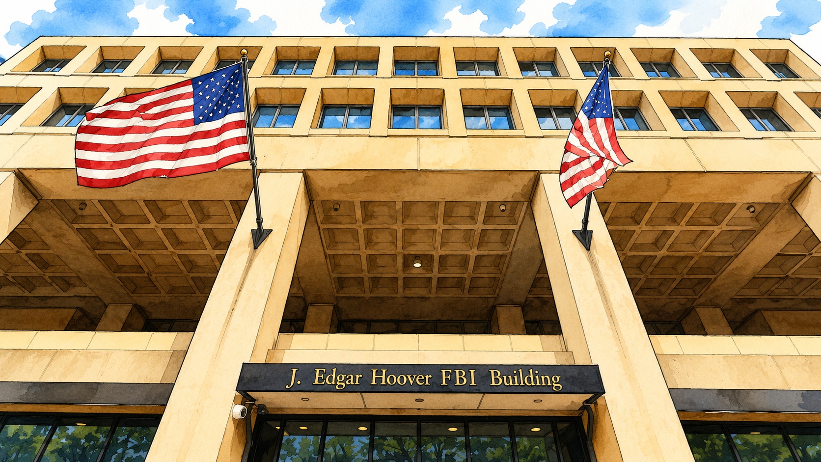 Front entrance of the J. Edgar Hoover FBI Building with two American flags flanking the doorway.