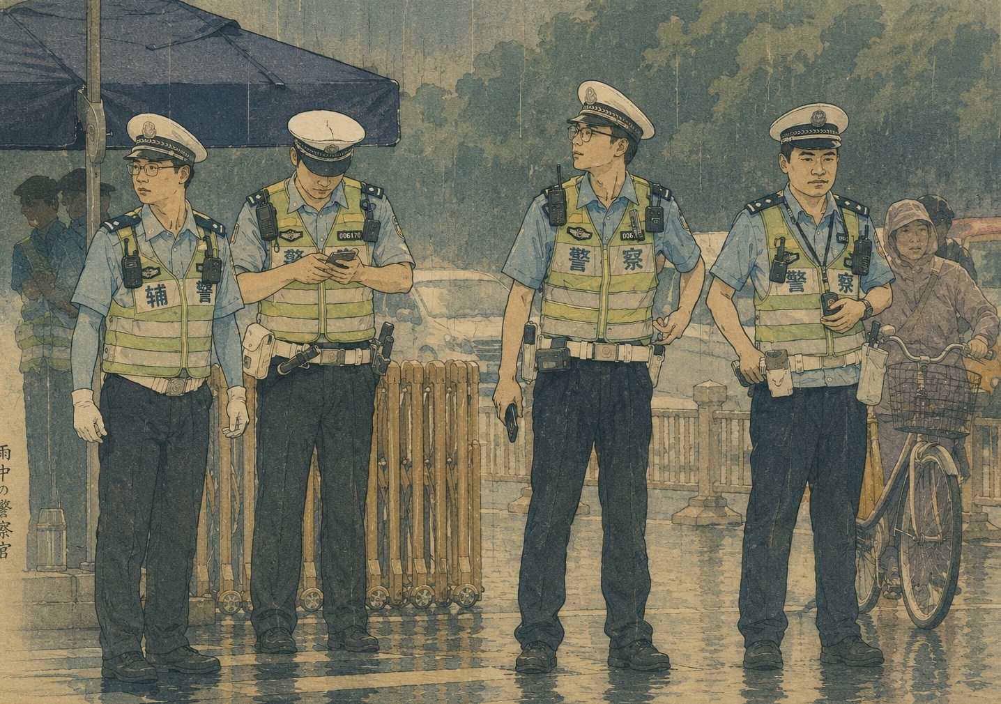 Four police officers in reflective vests stand in the rain on a wet street, with a cyclist in the background holding a bike.