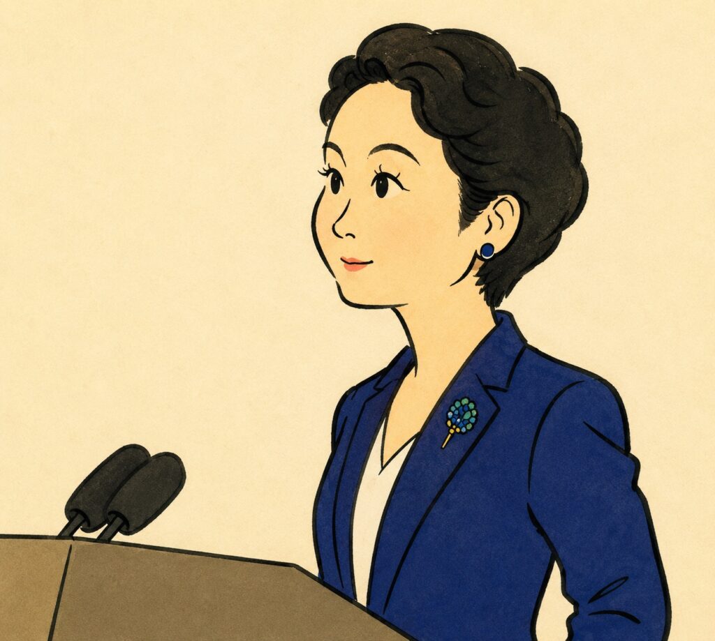 Illustration of a woman in a blue blazer speaking at a lectern with microphones in front of her