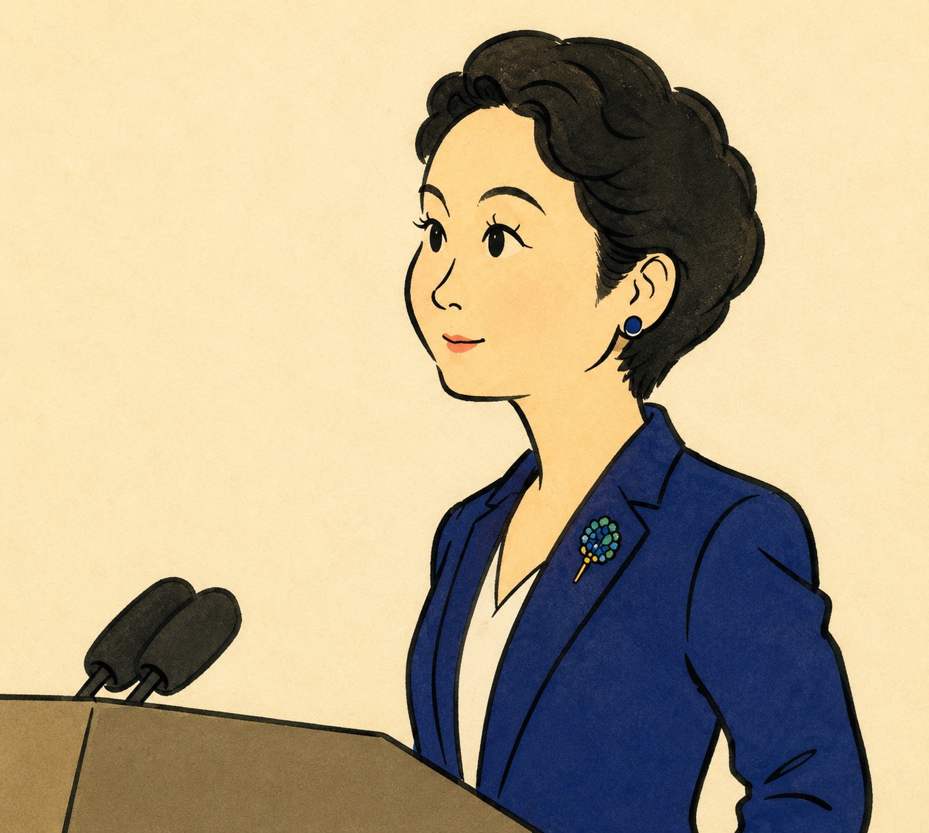 Illustration of a woman in a blue blazer speaking at a lectern with microphones in front of her