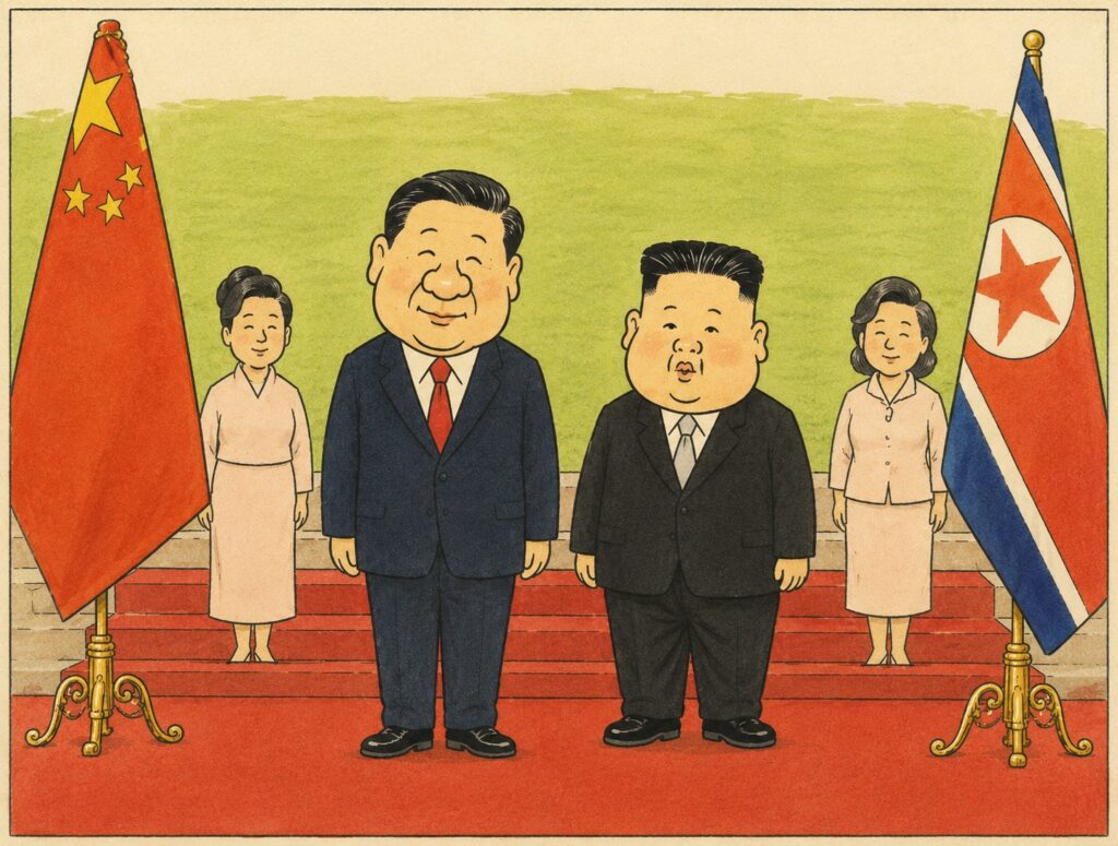 Cartoon of Chinese President Xi Jinping and North Korean leader Kim Jong-un standing on a red carpet between flags, flanked by aides.