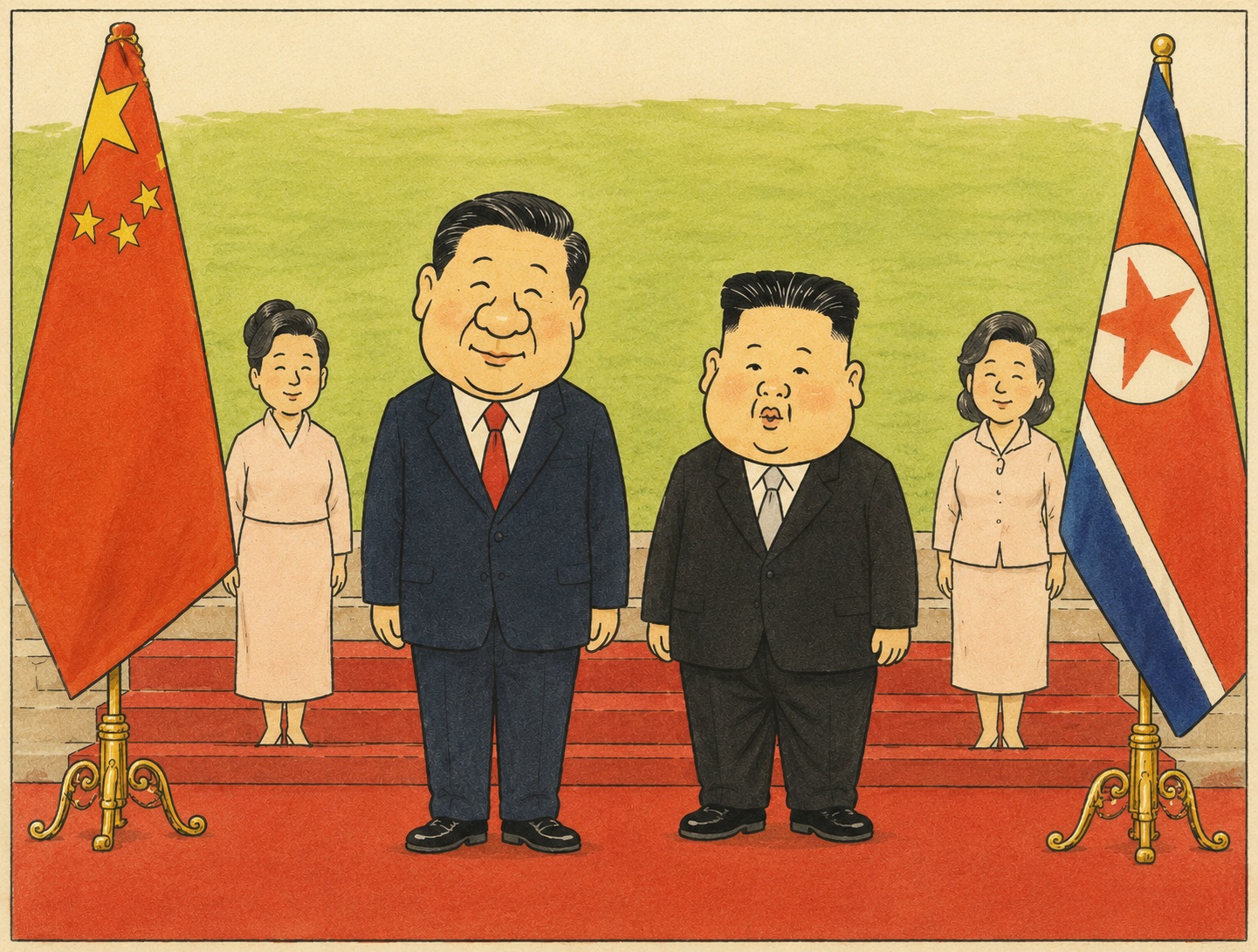 Cartoon of Chinese President Xi Jinping and North Korean leader Kim Jong-un standing on a red carpet between flags, flanked by aides.