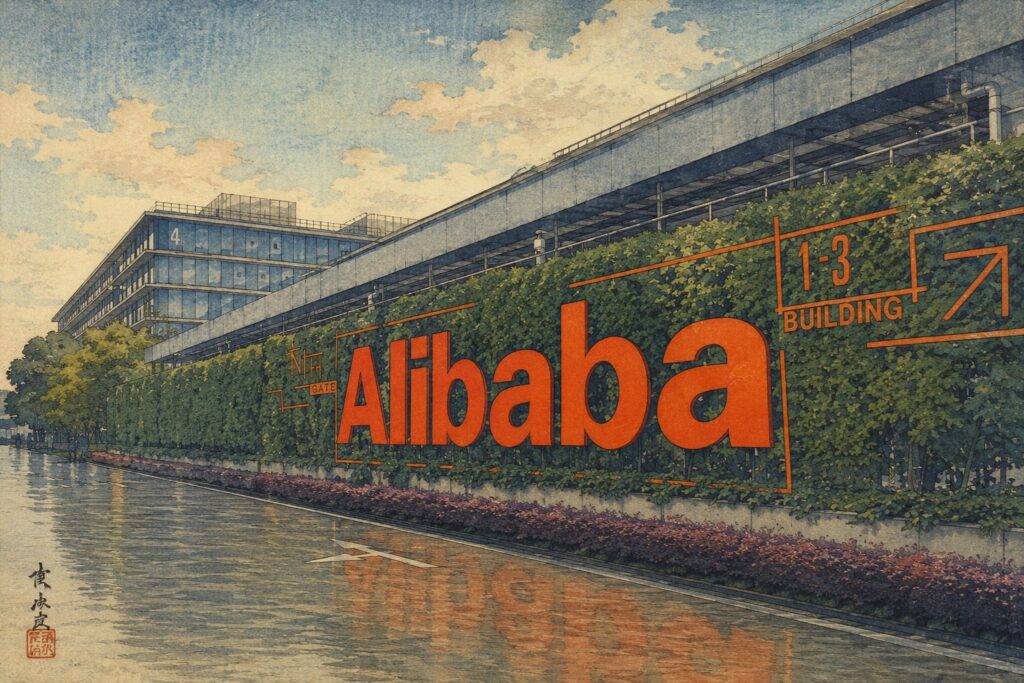 Large orange 'Alibaba' letters painted on a green ivy wall beside a modern building.