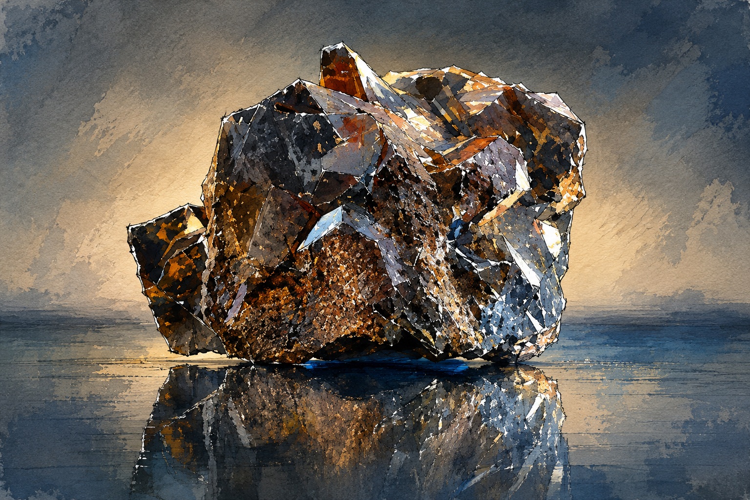 Faceted rock resting on calm water with a warm sunset glow and a clear reflection.