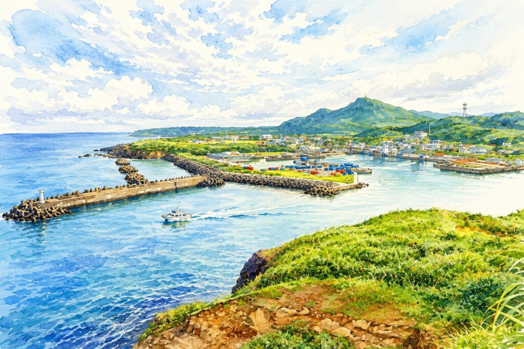 Watercolor coastal scene: harbor with breakwaters, a small boat, village, and green hills under a blue sky.