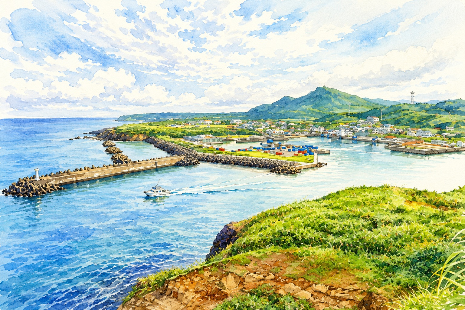 Watercolor coastal scene: harbor with breakwaters, a small boat, village, and green hills under a blue sky.