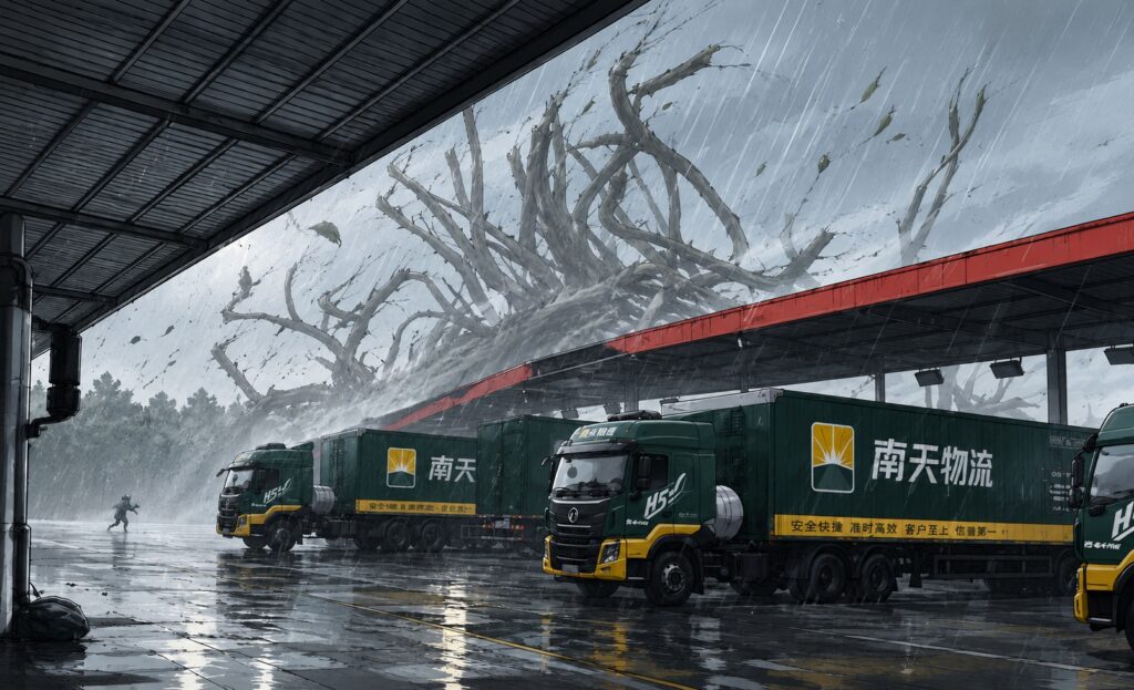 Truck depot under a metal canopy in heavy rain, with several green cargo trucks and a massive uprooted tree in the background.