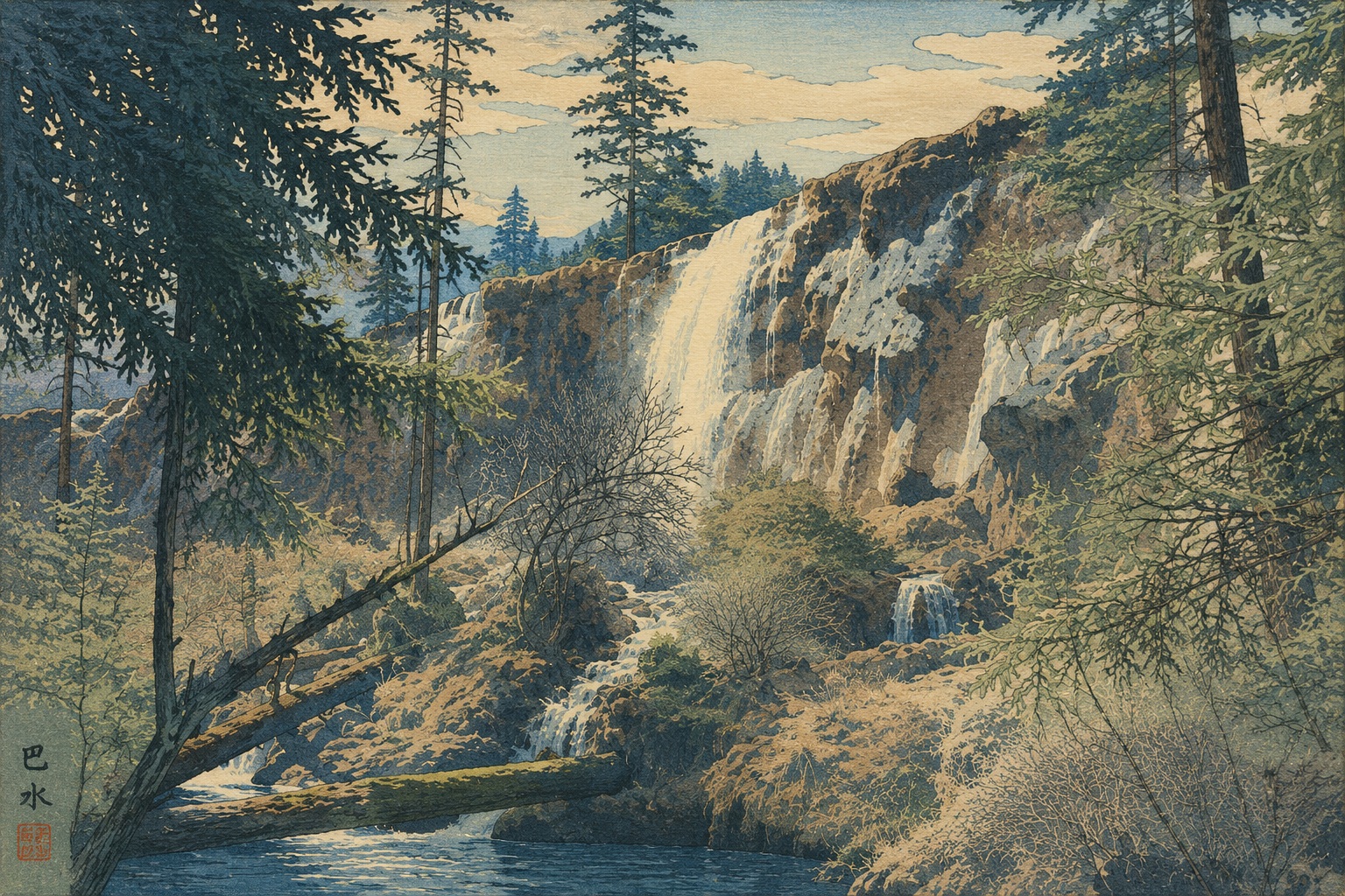 A scenic Japanese forest landscape with a rocky waterfall cascading down cliffs into a stream, surrounded by tall trees and brush.