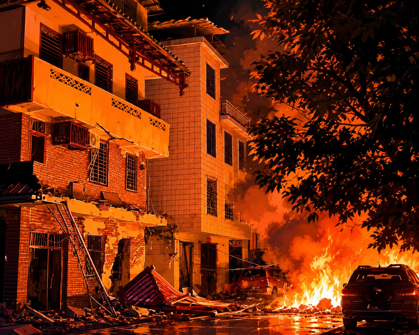 Intense fire engulfs a brick building on a city street at night, with debris on the ground and parked cars nearby.