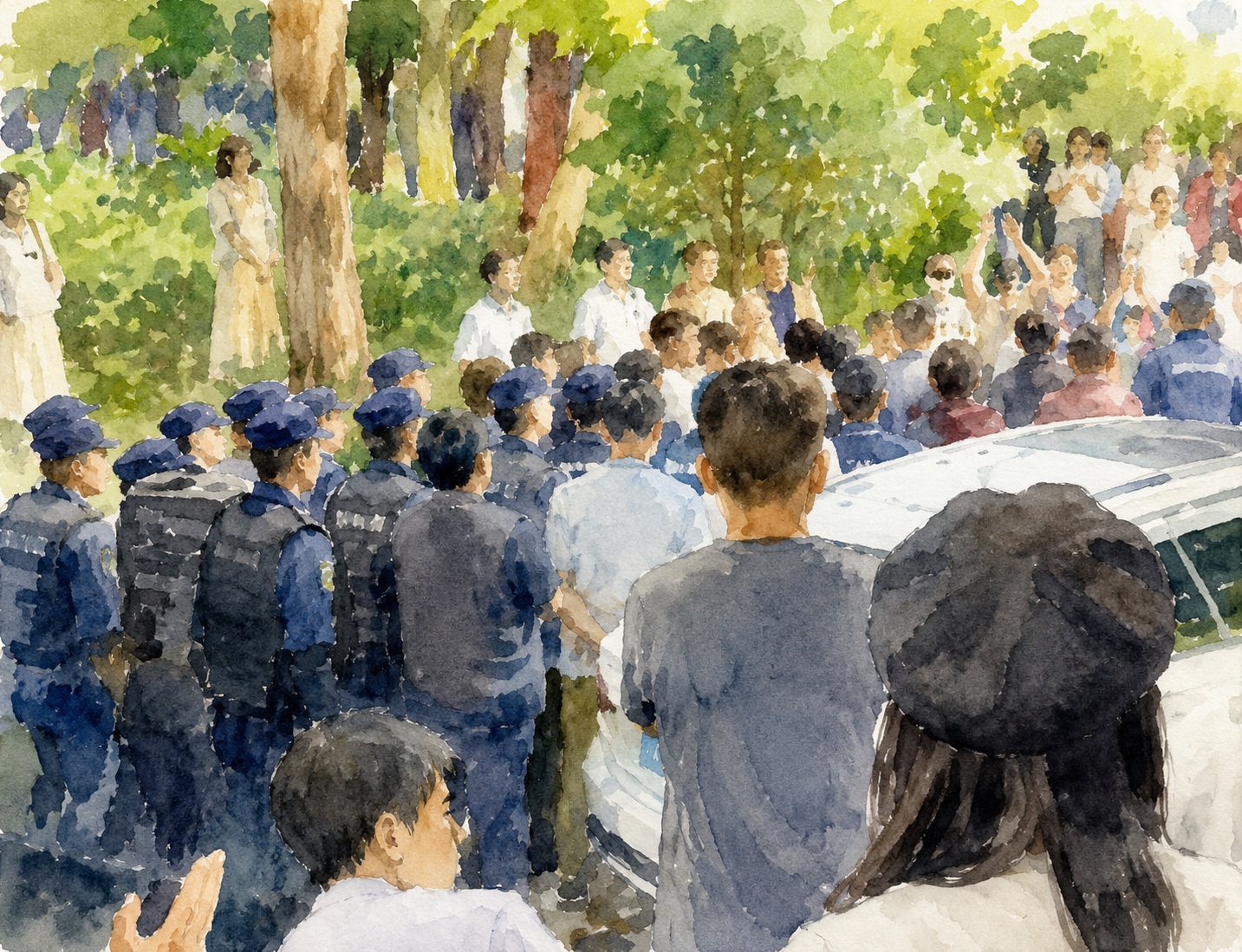 Crowd gathers in a leafy park with police in blue uniforms forming a line, watching a central scene by a white car.