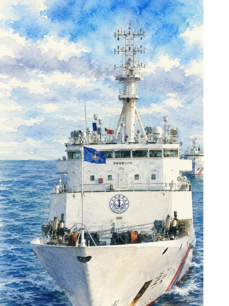 White coast guard vessel sailing on blue ocean with a blue flag and emblem on its hull, under a partly cloudy sky.