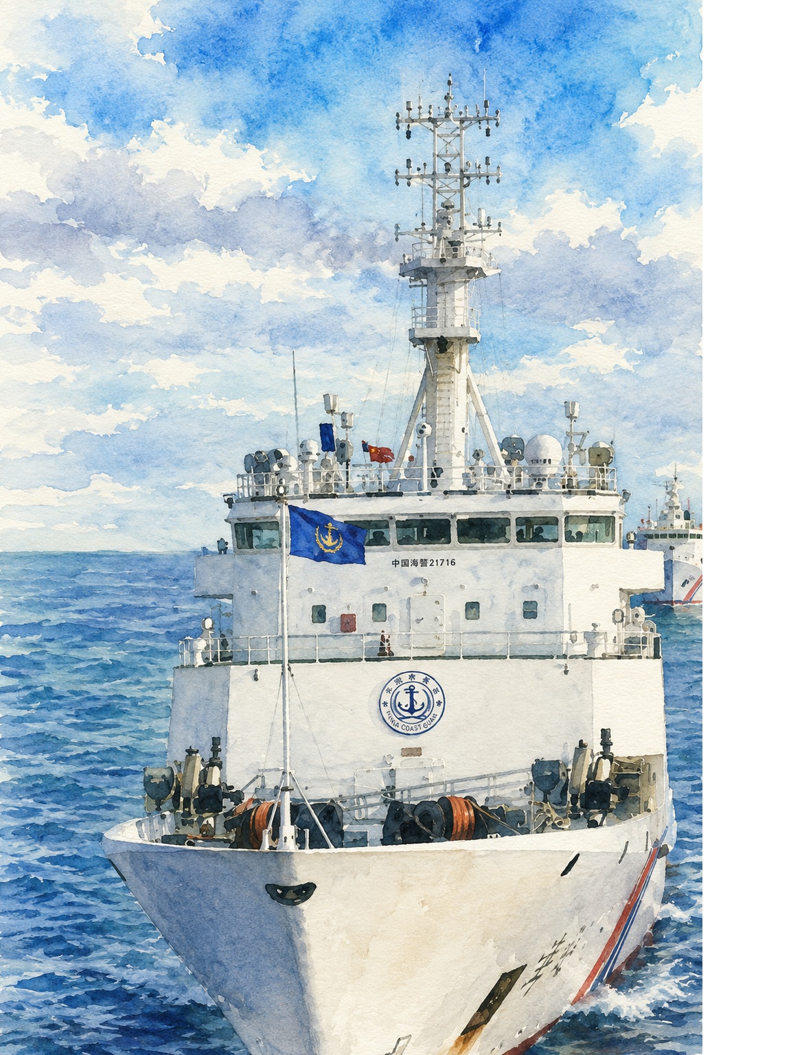 White coast guard vessel sailing on blue ocean with a blue flag and emblem on its hull, under a partly cloudy sky.