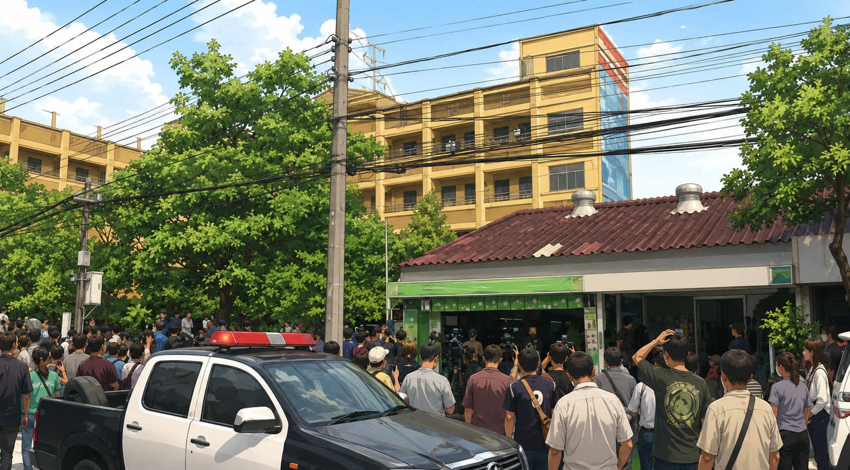 Crowd of people gathered outside a green storefront beneath a tangle of power lines, with a white pickup truck in the foreground.