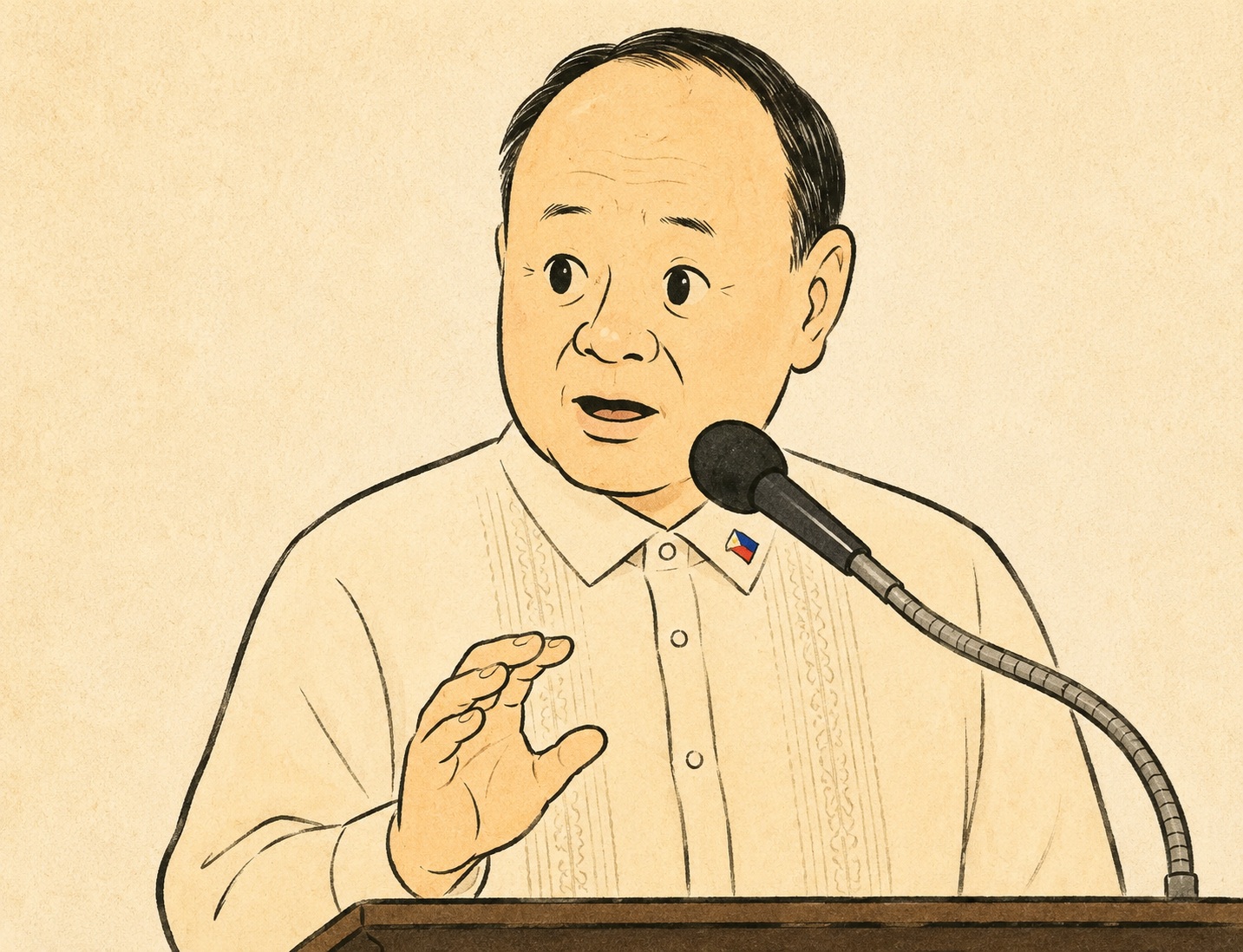 Illustration of a man speaking at a podium into a microphone, wearing a light-colored shirt with a small Philippines flag pin on the collar.