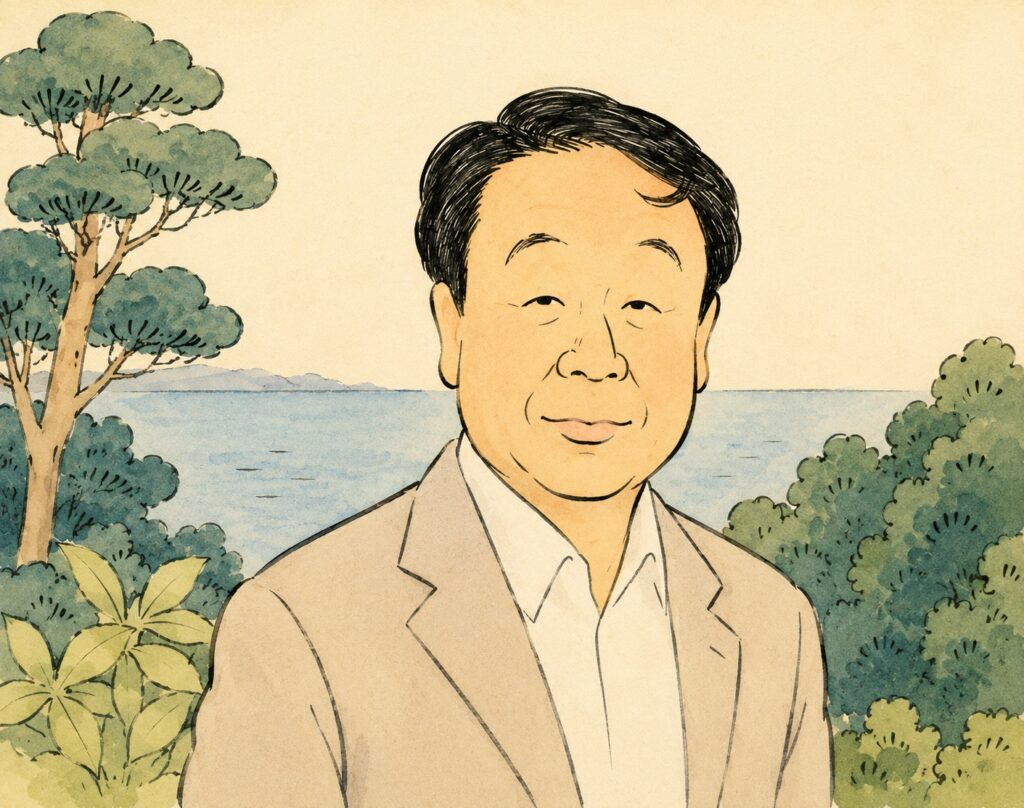 Illustration of an Asian man in a light suit standing outdoors by a lake with trees in the background