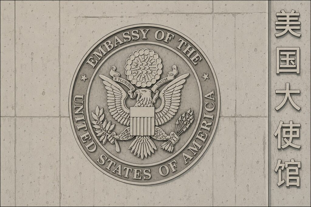 Seal of the Embassy of the United States of America on a stone wall, with Chinese characters to the right.