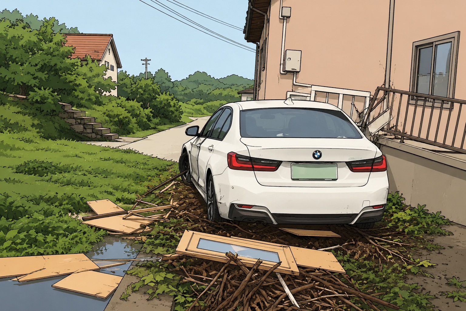 White BMW sedan sits parked askew on a muddy embankment next to a peach house, with broken plywood and branches scattered around.