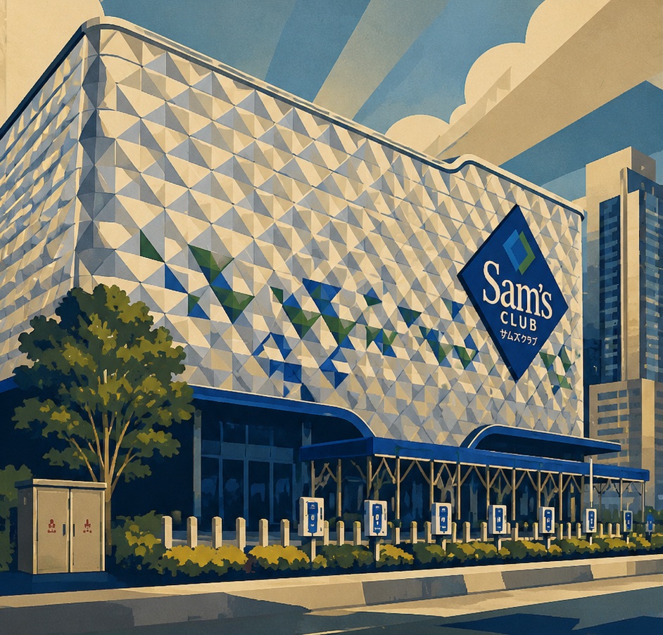 Illustrated exterior of a Sam's Club warehouse with a geometric triangular facade and a blue canopy.