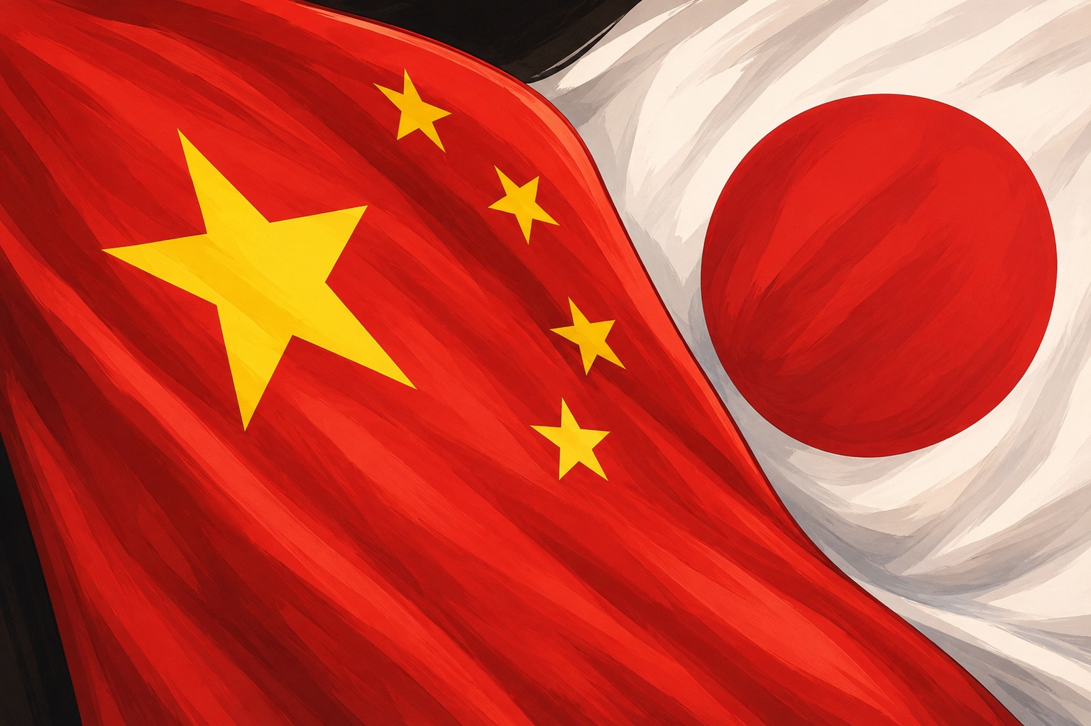 Abstract painting showing the Chinese flag (red field with a large yellow star and four smaller stars) overlapping a Japanese flag (white field with a large red circle), symbolizing China–Japan relations.