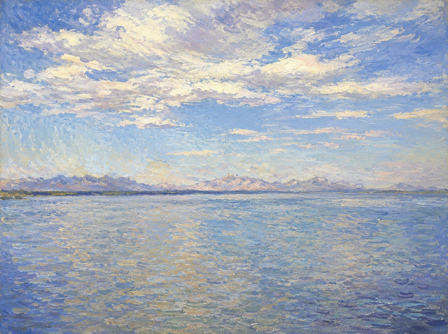 Impressionist seascape with a calm horizon over blue water and a pastel sky with soft clouds, at dusk or dawn.
