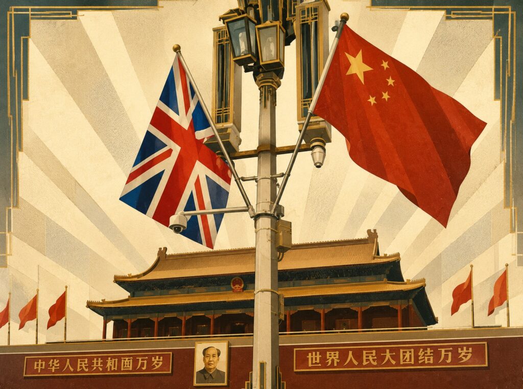 UK and China flags flutter on a lamppost above Tiananmen Gate in a vintage poster style.