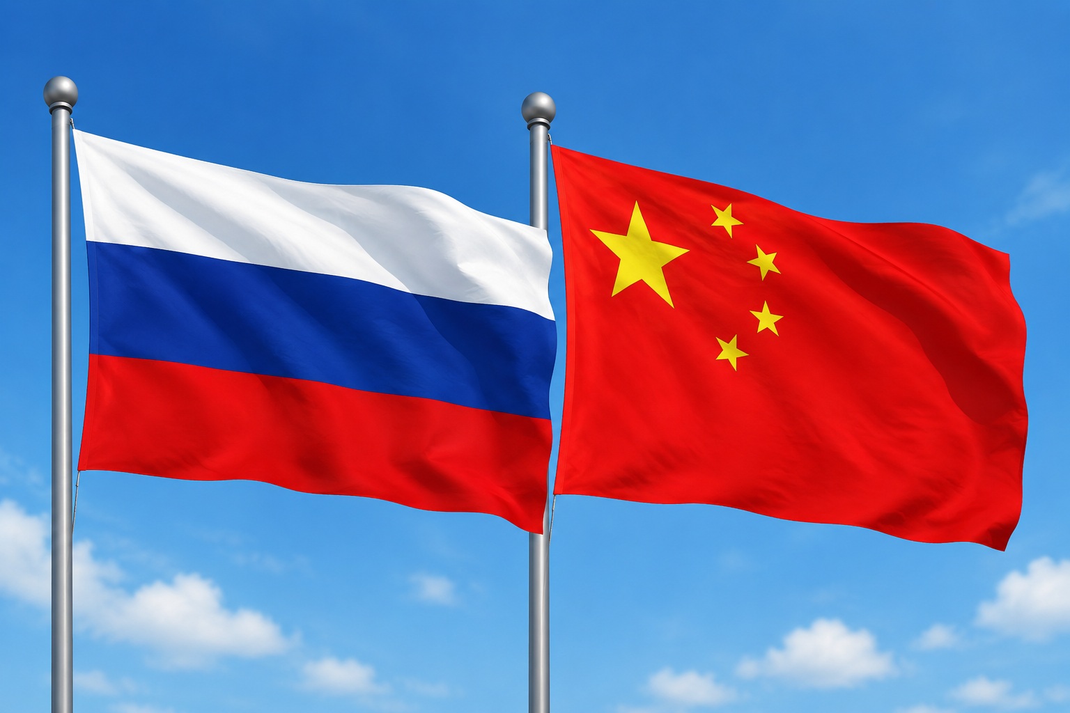Russia and China national flags flying side by side against a clear blue sky in wind.