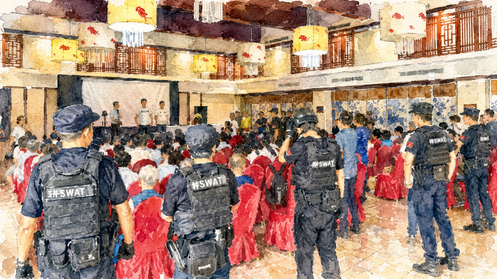 SWAT officers in tactical vests guard a crowded indoor event while students in red gowns watch a stage presentation.