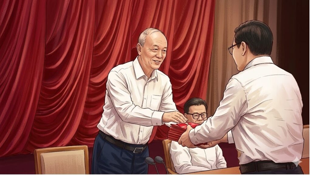 Older man in a white shirt hands a stack of red booklets to a colleague on stage with red curtains in the background.