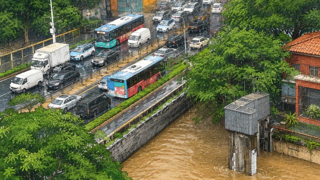 Busy urban street with many vehicles including buses and vans, next to a muddy river and a concrete flood barrier on a rainy day (illustration).