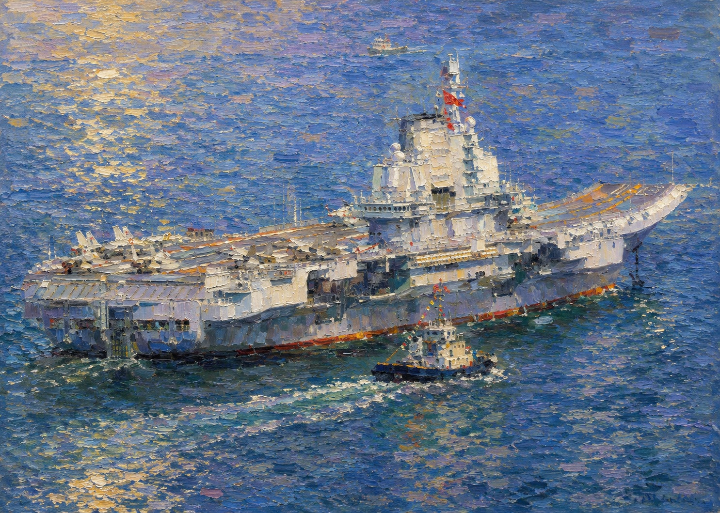Large aircraft carrier on blue sea with a small tugboat nearby, in bold Impasto brushstrokes.