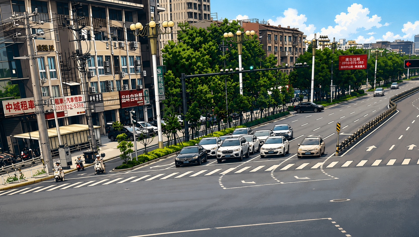 City street with a line of cars in the right lanes, scooters on the left, and trees along the sidewalk under a blue sky.