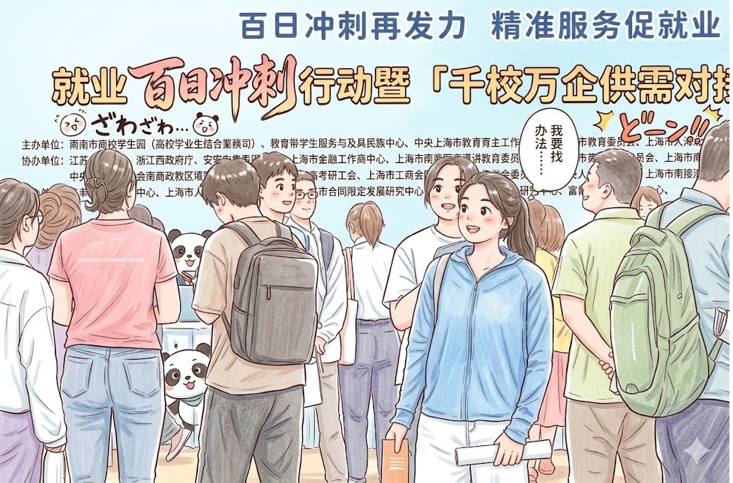 Crowd of students and job seekers at a job fair under a light blue banner with Chinese slogans, with backpacks and a panda mascot visible.