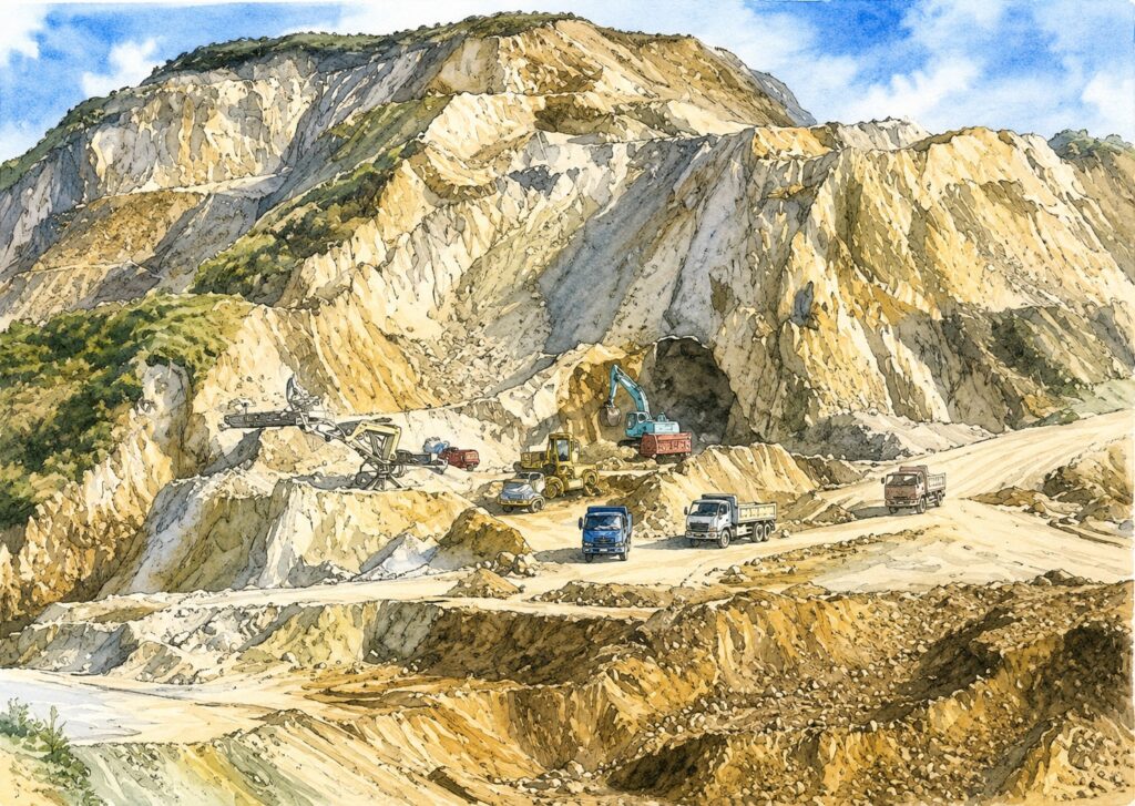 Open-pit quarry with excavators, bulldozers and trucks working among rocky hills.