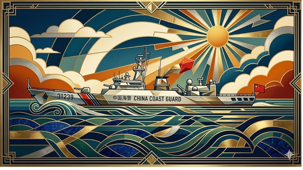 Stylized art-deco scene of a China Coast Guard ship (number 31239) sailing on blue waves under a radiant sun, framed in gold borders.
