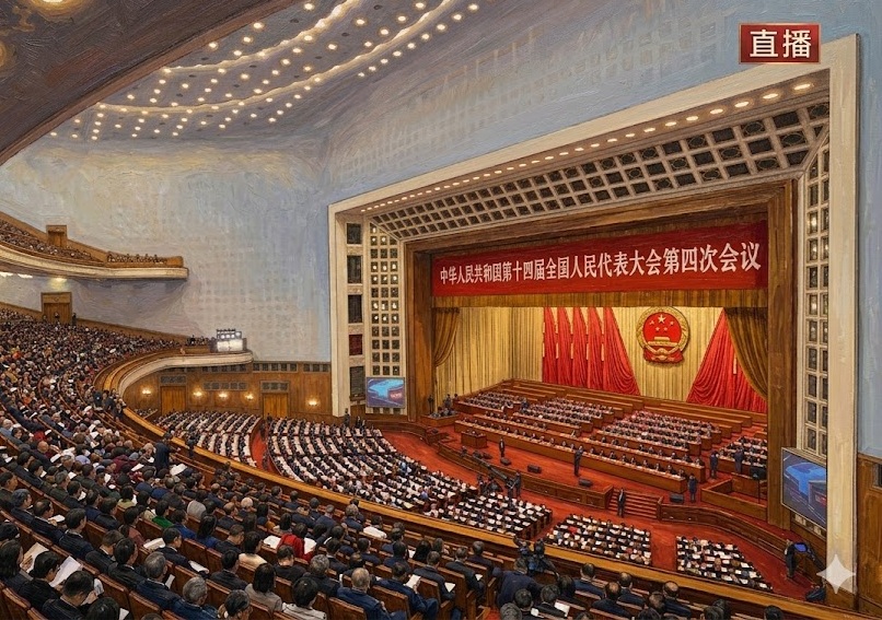Large conference hall filled with delegates facing a stage adorned with red drapes, the Chinese national emblem, and a long red banner in Chinese text.