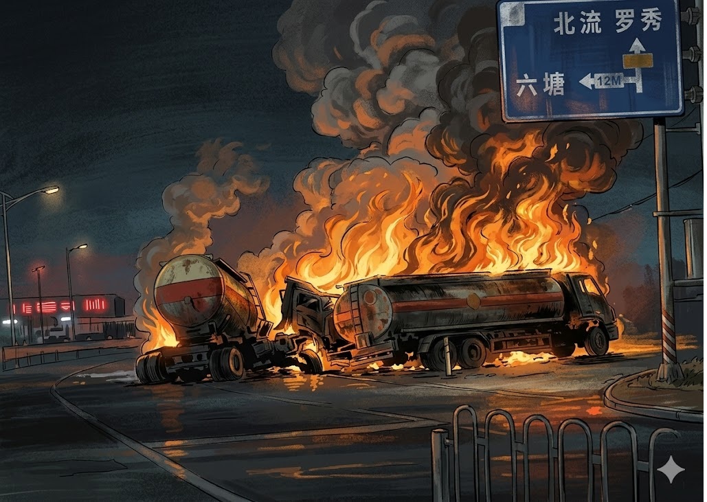 Two fuel tanker trucks collide on a road at night, engulfed in flames with thick black smoke rising.