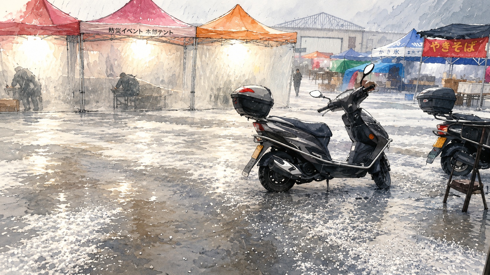 Outdoor market tents in rain, scooters parked in the foreground on a wet, speckled pavement.