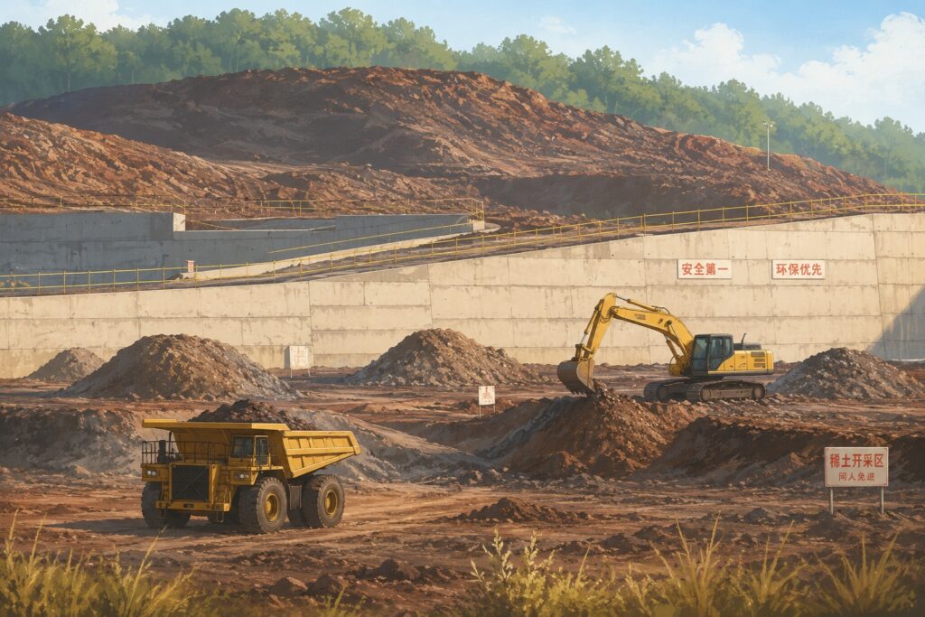 Construction site with a yellow excavator loading dirt beside large mounds and a yellow dump truck on a muddy lot, concrete wall backdrop, signs in Chinese.