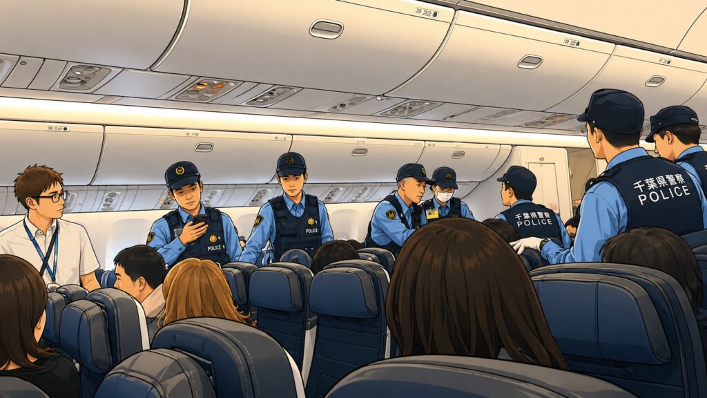 Police officers in blue uniforms conduct security checks in a crowded airplane cabin.