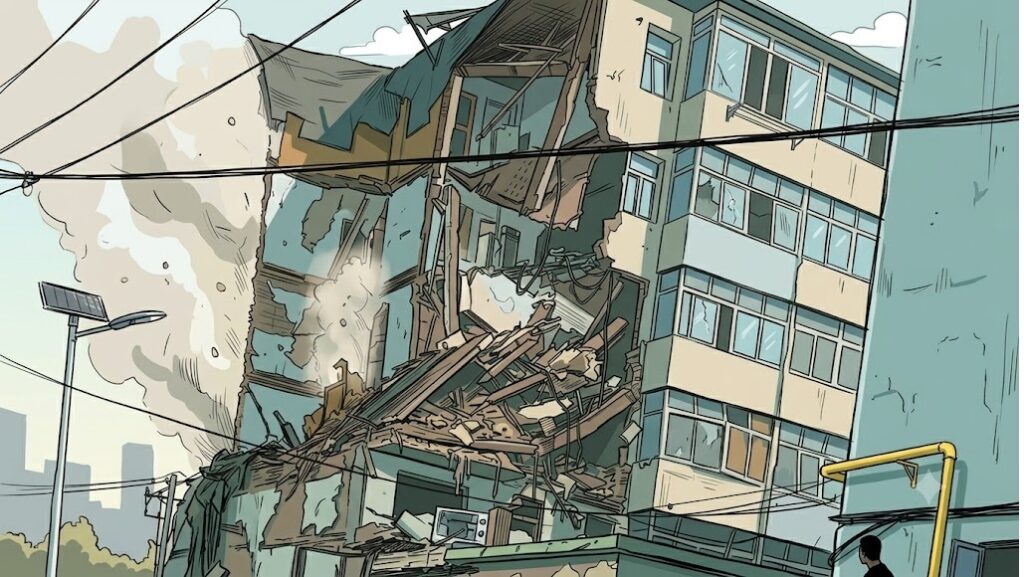 Partially collapsed multi-story building with rubble, exposed beams, and smoke in an urban street scene.