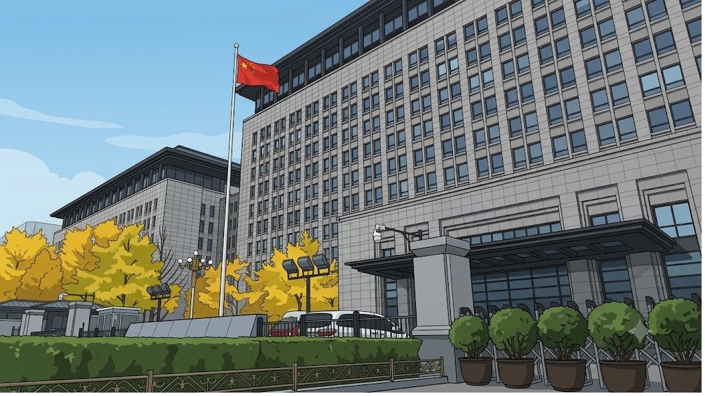 Front view of a large gray government-style building with a red Chinese flag on a pole, surrounded by yellow autumn trees and a landscaped entry area.