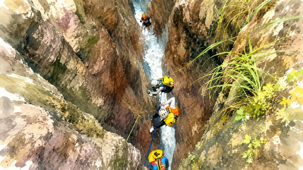 Team of climbers rappelling down a rocky canyon into a rushing stream, wearing helmets and harnesses.