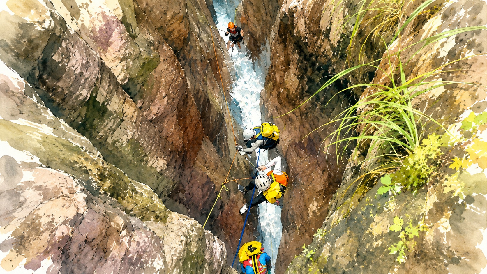 Team of climbers rappelling down a rocky canyon into a rushing stream, wearing helmets and harnesses.