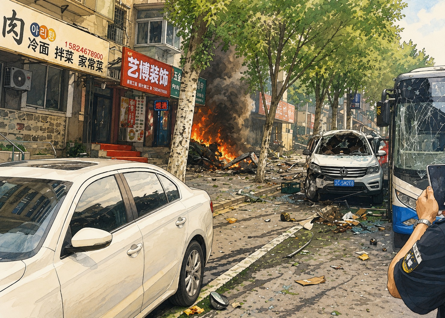 City street with a blazing fire, thick smoke, and debris as damaged cars line the road near storefronts with Chinese signs.